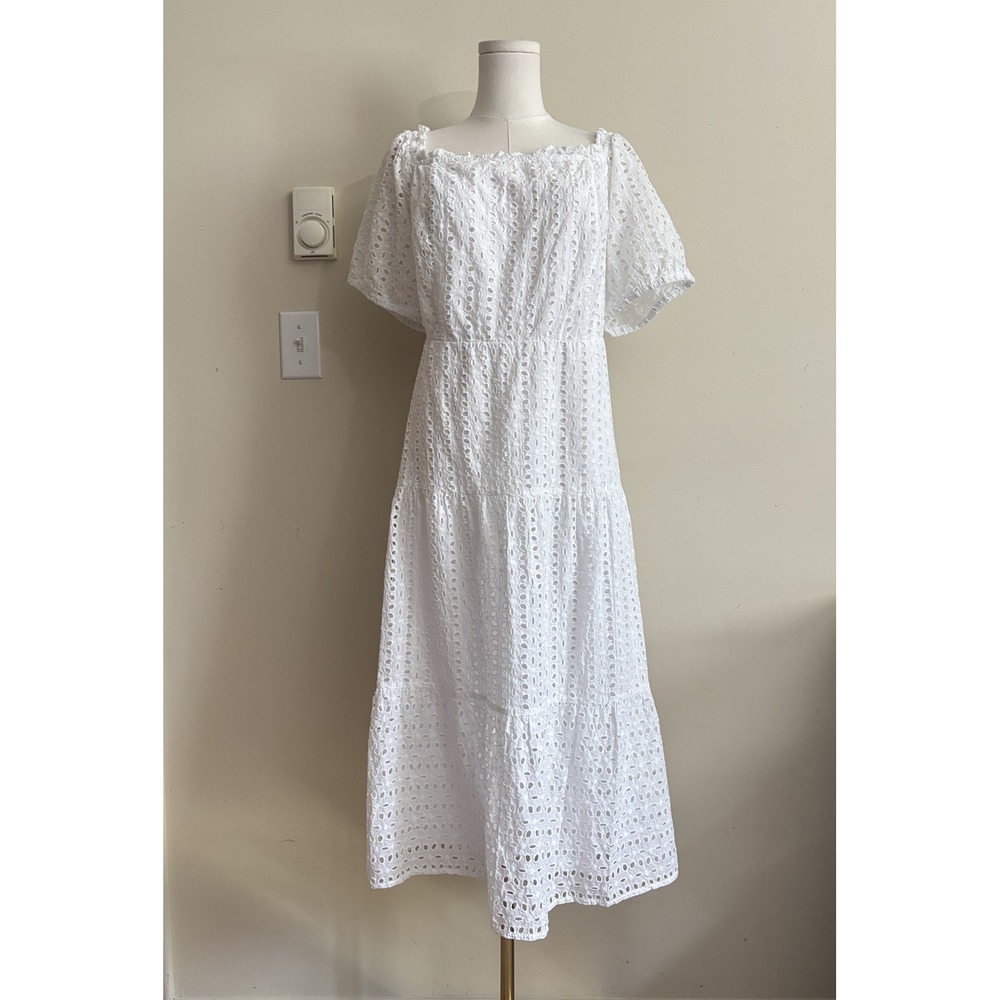 Lane Bryan Womens 16 XL Midi Dress Eyelet Lace White Cottagecore Boho Coastal